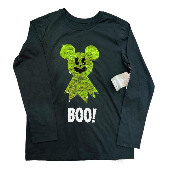 Disney Boys Girls Flip Sequin Mickey Ghost Halloween Shirt Black Size M - Picture 1 of 5
